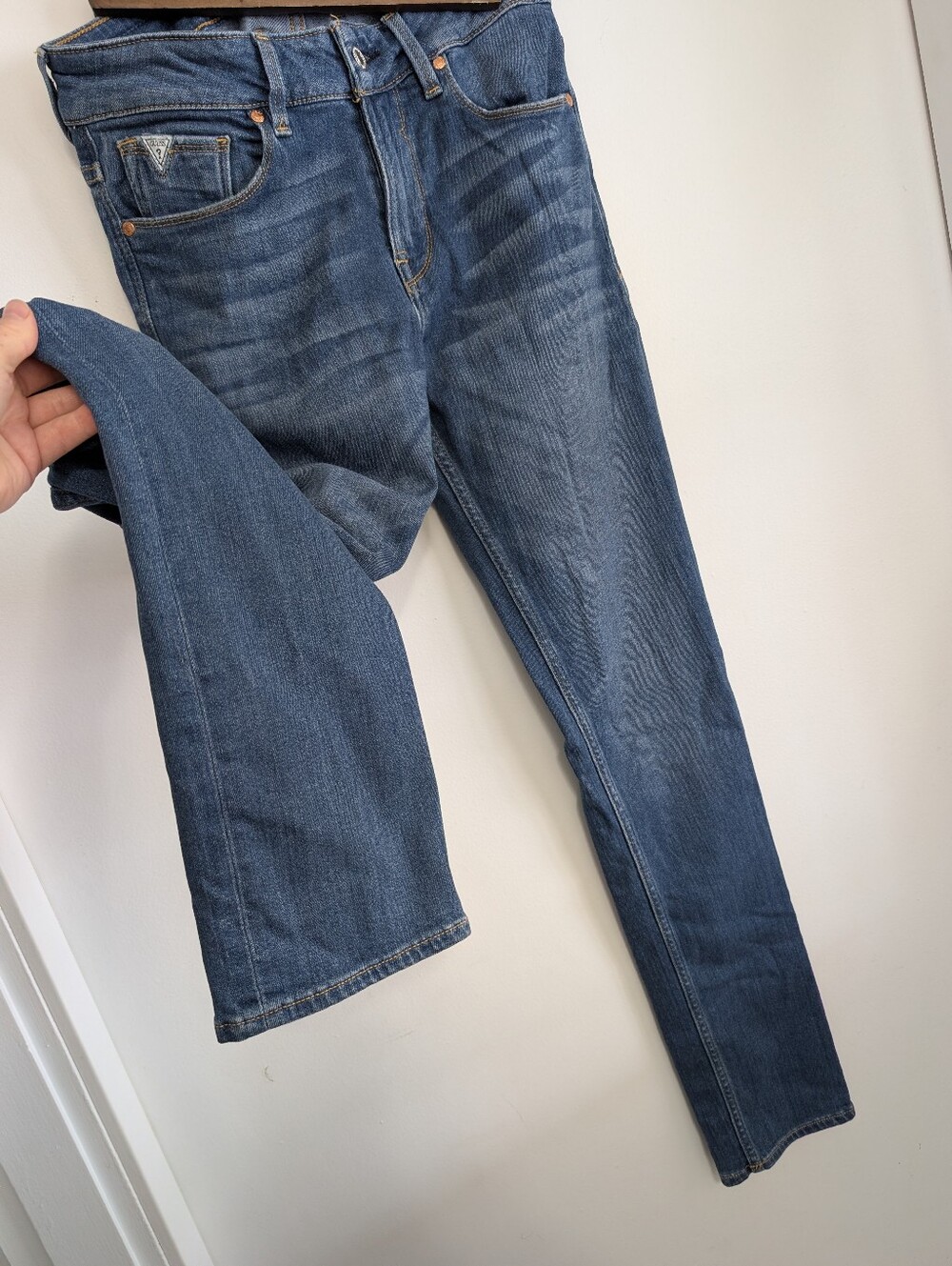 Y2K Vintage Guess Blue Jeans 30 Slim Tapered Stretch High Rise Distressed Denim